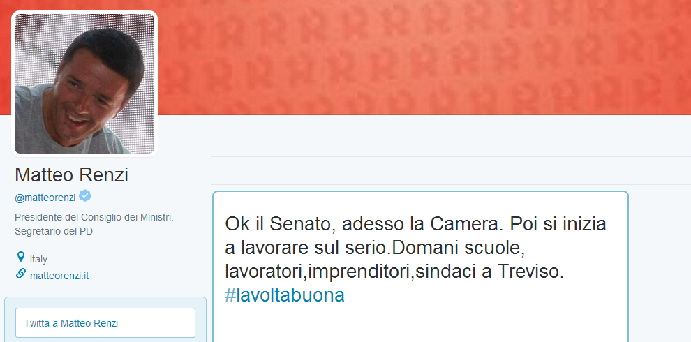 Renzi twitta: «Ok il Senato, adesso la Camera»
