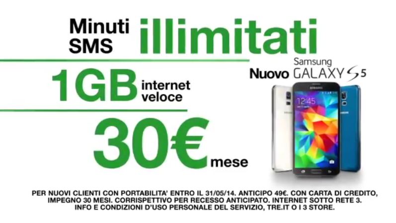 Samsung Galaxy S5, Minuti ed sms illimitati con 3 Italia a soli 30 euro