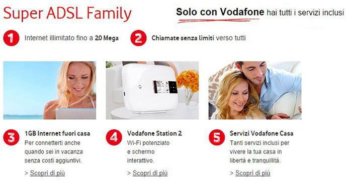 Super ADSL Family Vodafone: internet illimitato fino a 20 Mega, chiamate senza limiti a 37 euro al mese