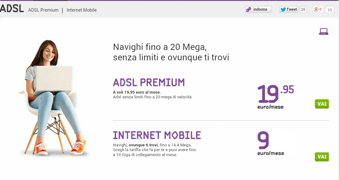 ADSL PREMIUM Tiscali: offerta internet senza limiti fino a 20 Mega a 19,95 euro al mese