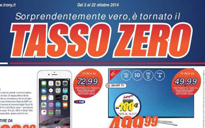 Nuovo volantino Trony: ritorna il Tasso Zero